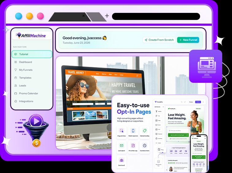 AffiliMachine AI funnel builder and multi-funnel dashboard