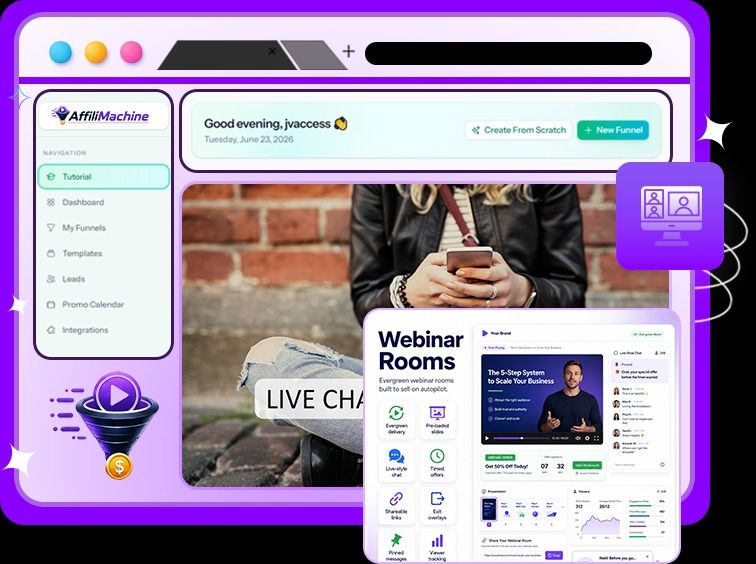 AffiliMachine AI evergreen webinar room interface
