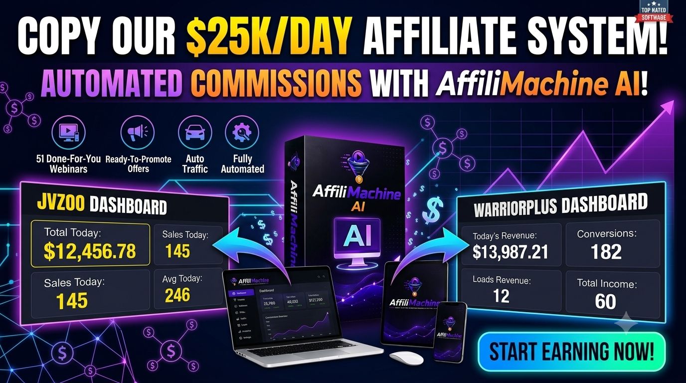 AffiliMachine AI dashboard overview showing done-for-you webinar funnels