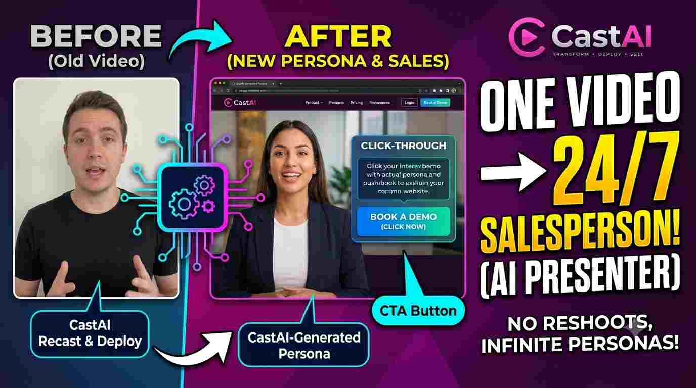 CastAI dashboard showing a transformed video presenter next to a website deployment preview with clickable checkout buttons