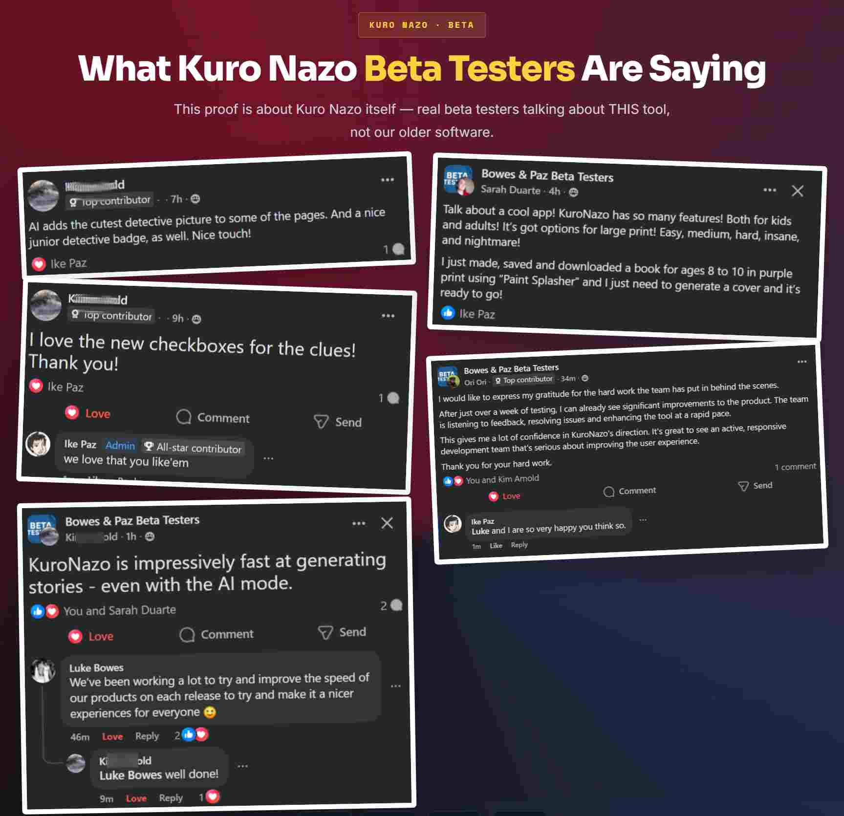 Screenshot of beta tester feedback on KuroNazo from the vendor's launch materials