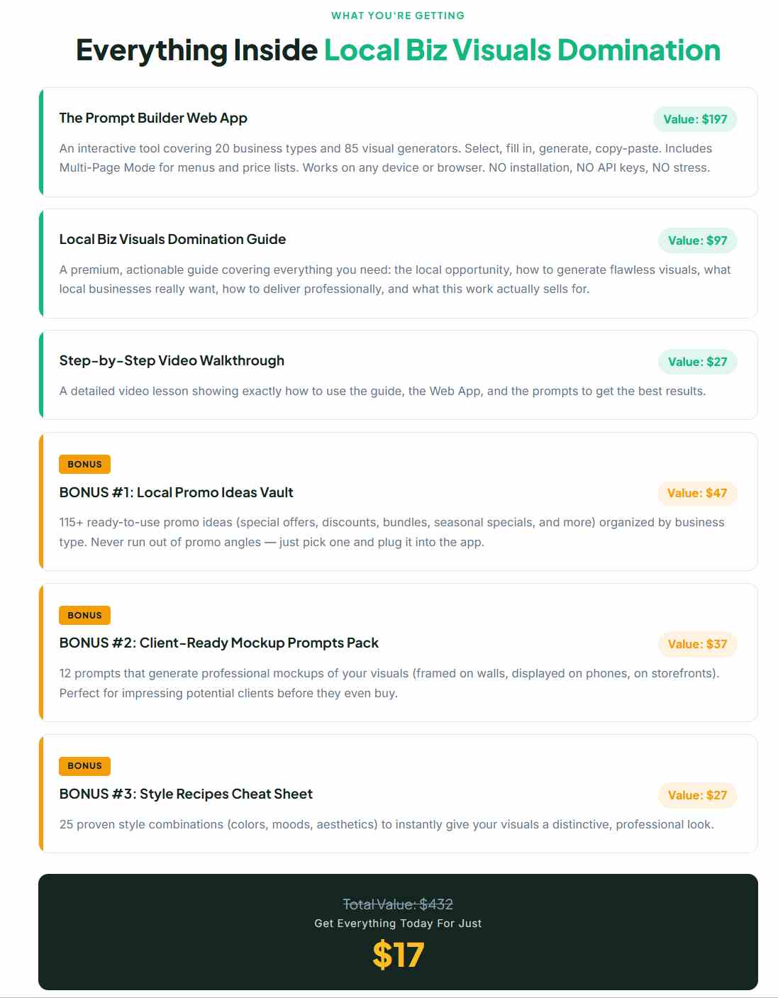 Local Biz Visuals Domination bonus bundle details — promo vault, mockup pack, style cheat sheet