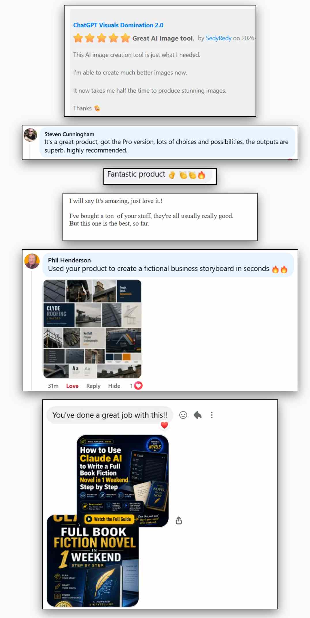Customer testimonials and reviews for Daniele Melandri's previous AI visuals products