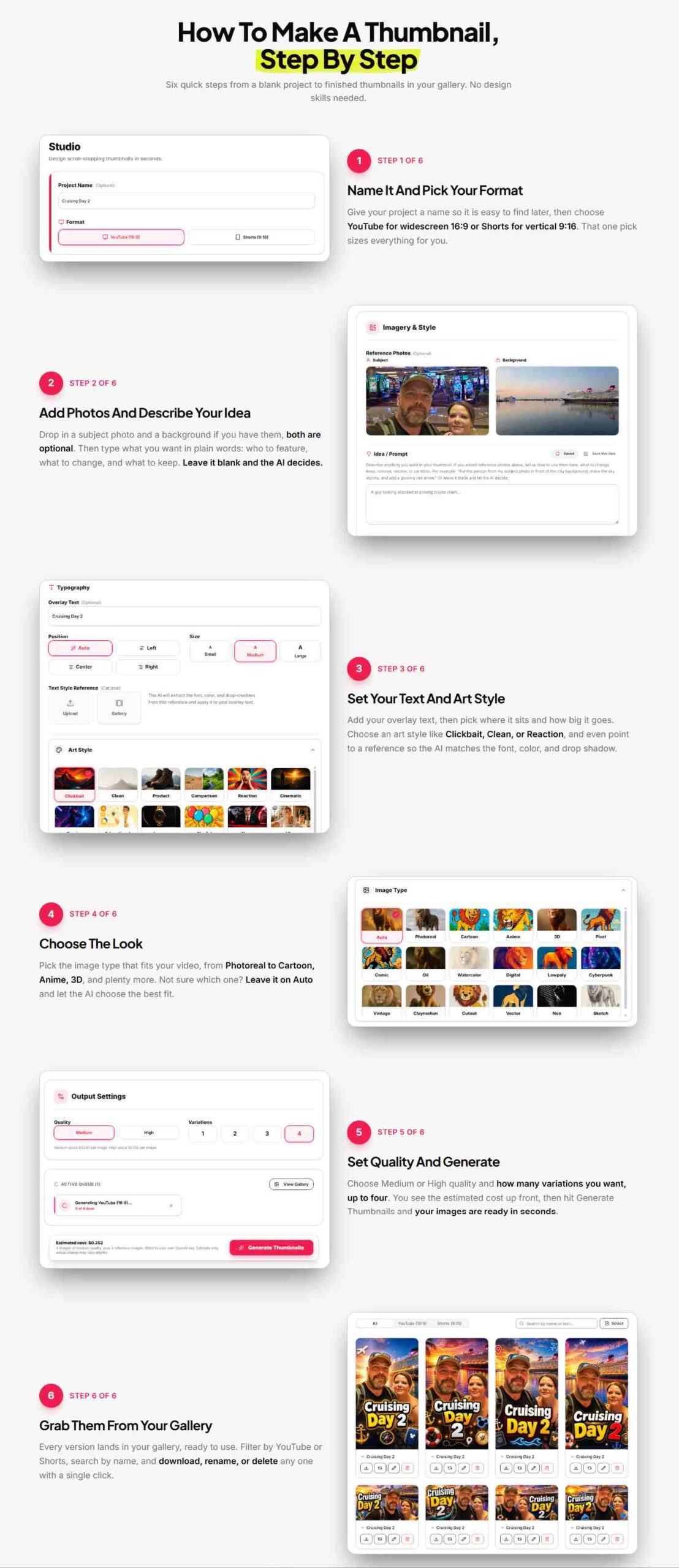 Thumbium six step workflow from project name to finished gallery