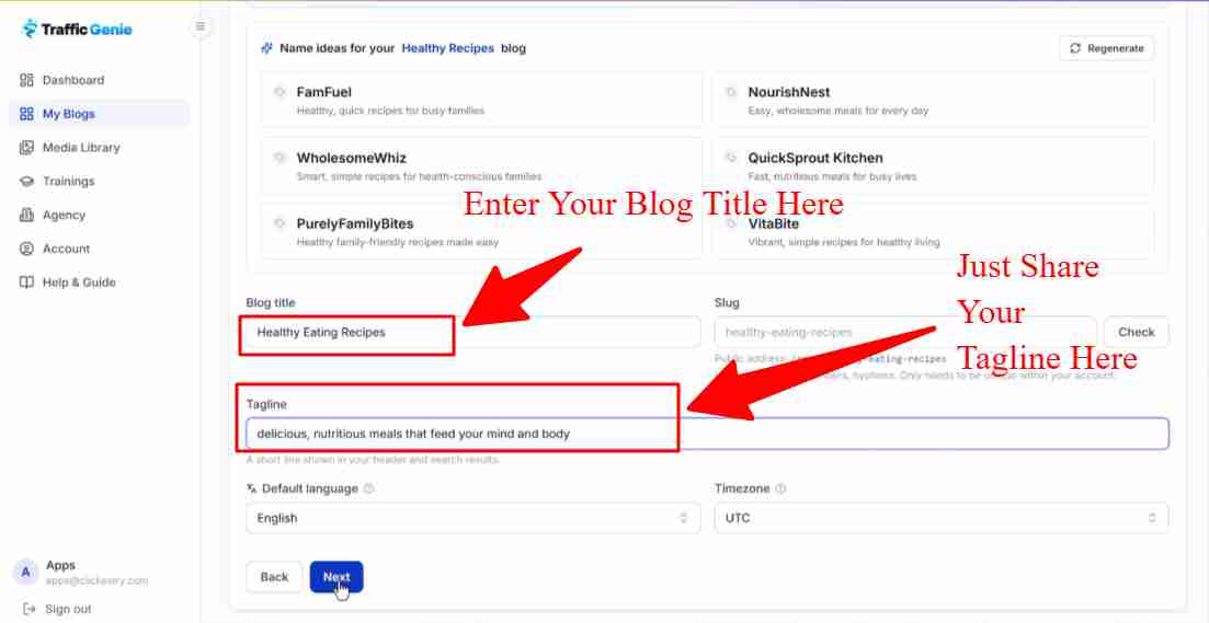 TrafficGenie enter blog title and tagline step
