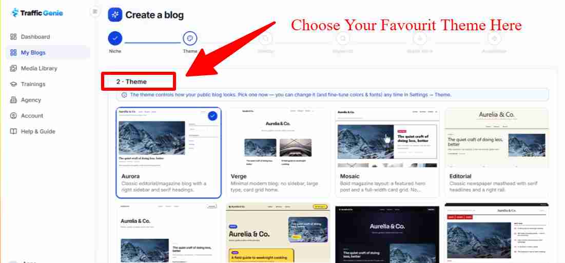 TrafficGenie choose theme step showing site theme selection