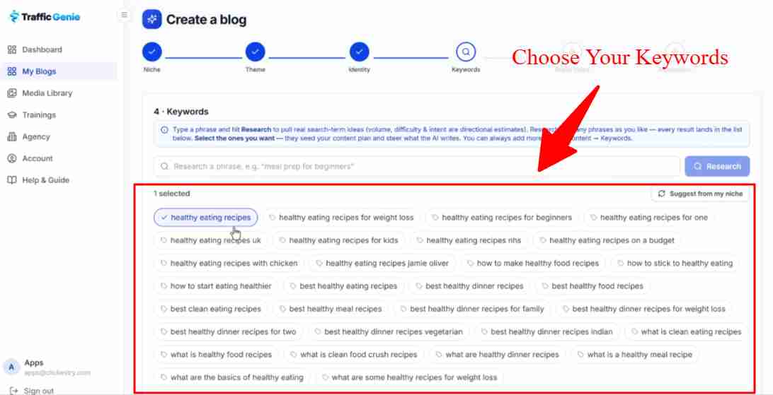 TrafficGenie choose keywords step