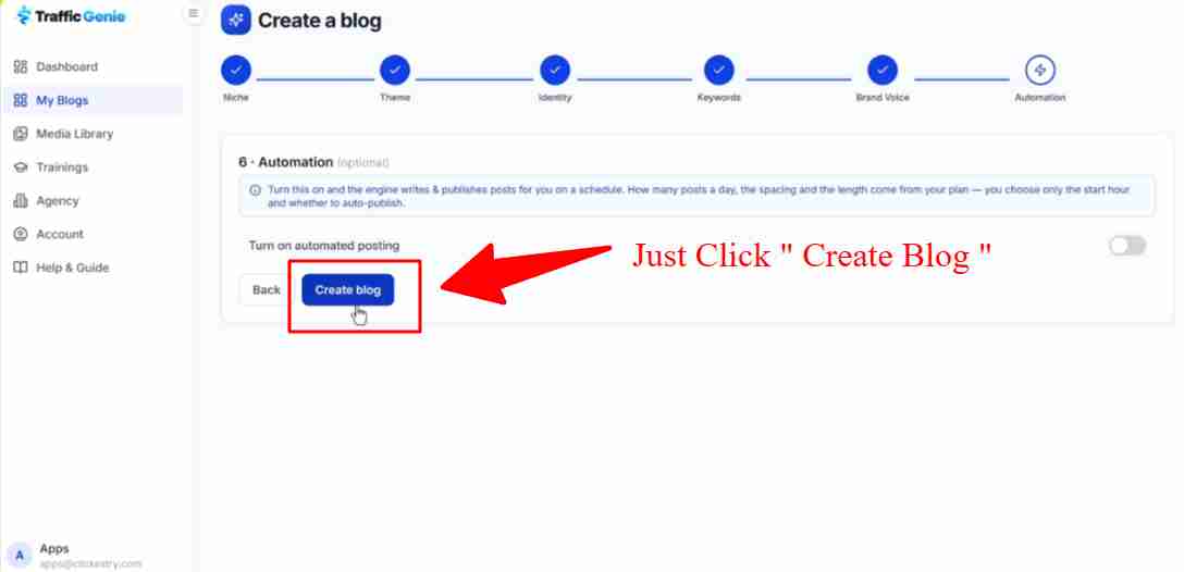 TrafficGenie full blog creation step showing content, image and video generation