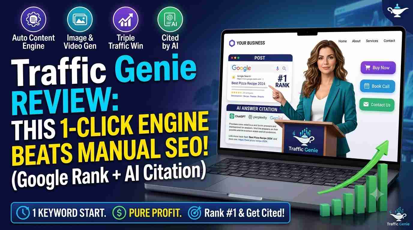 TrafficGenie complete bundle box shot with AI dashboard, mobile app and all OTO tiers