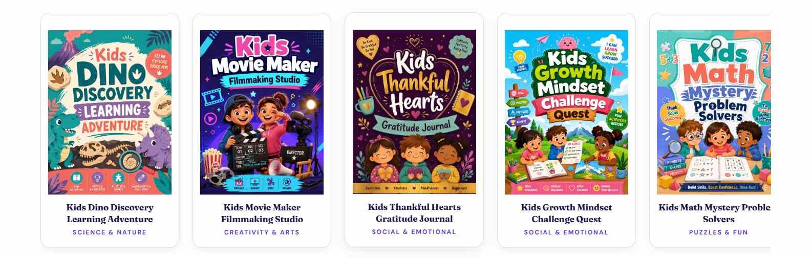 Bright Minds Kids Vault workbook categories and cover previews