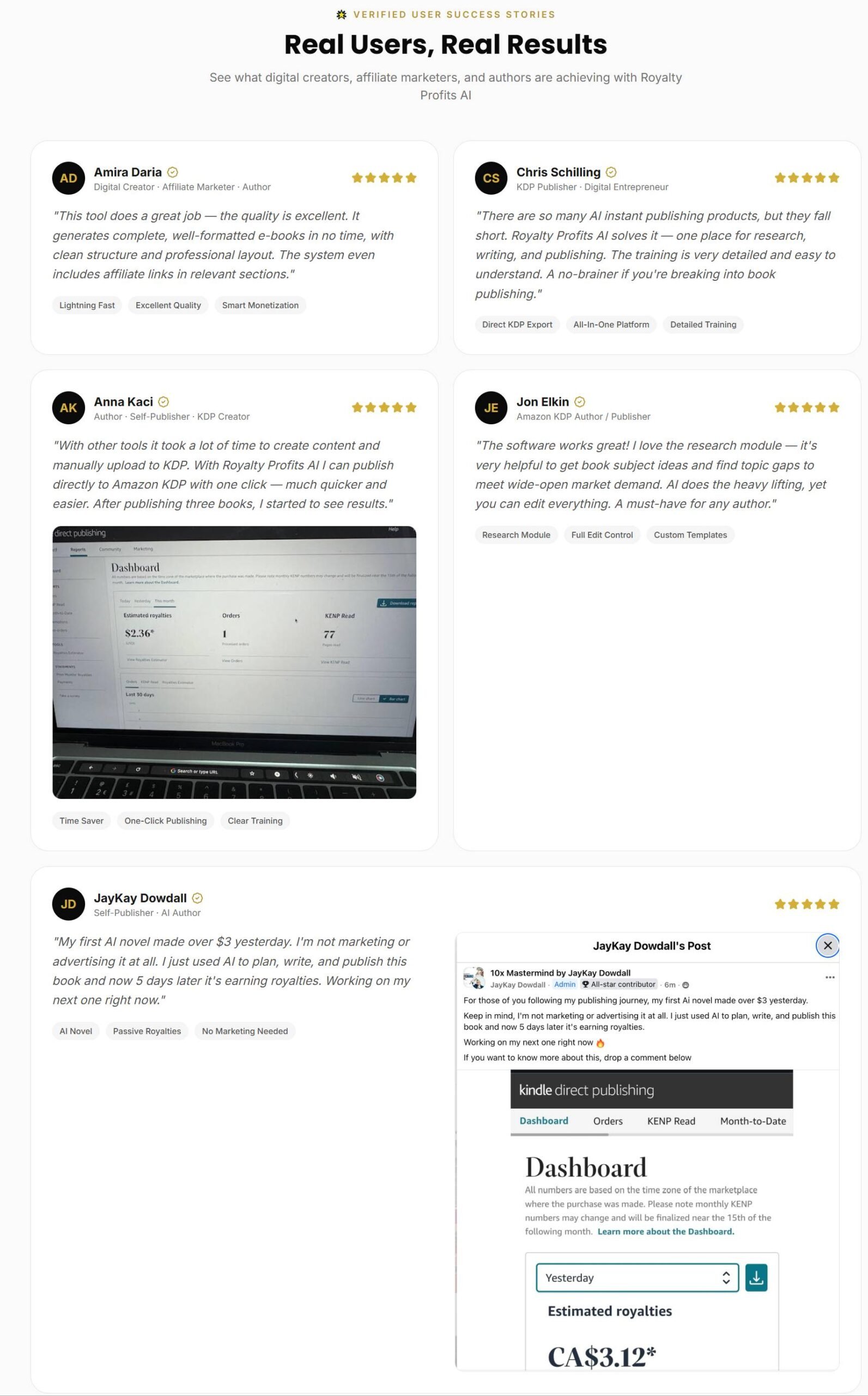 Royalty Profits AI user testimonials and results